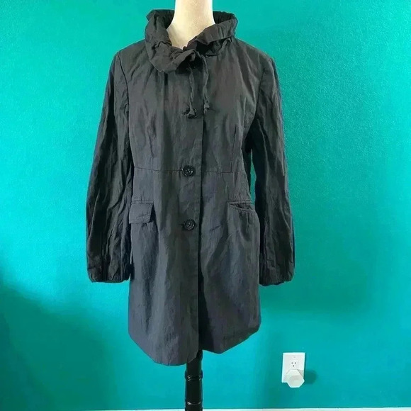 Ann Taylor LOFT Black Womens Gray Trench Coat Button Jacket High Ruffled Neck L - Picture 1 of 5